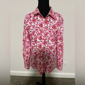 Lands' End No Iron Supima Button up Pink Floral Shirt Size 12